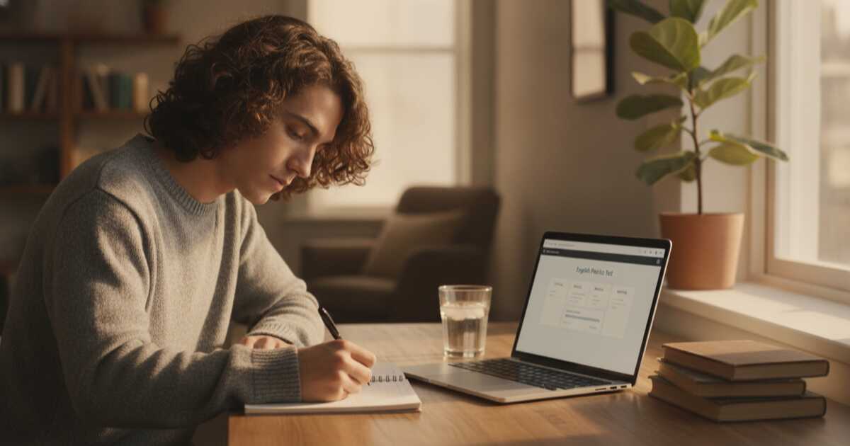 A person sitting at a desk writing in a notebook with a laptop showing an IELTS practice test on screen