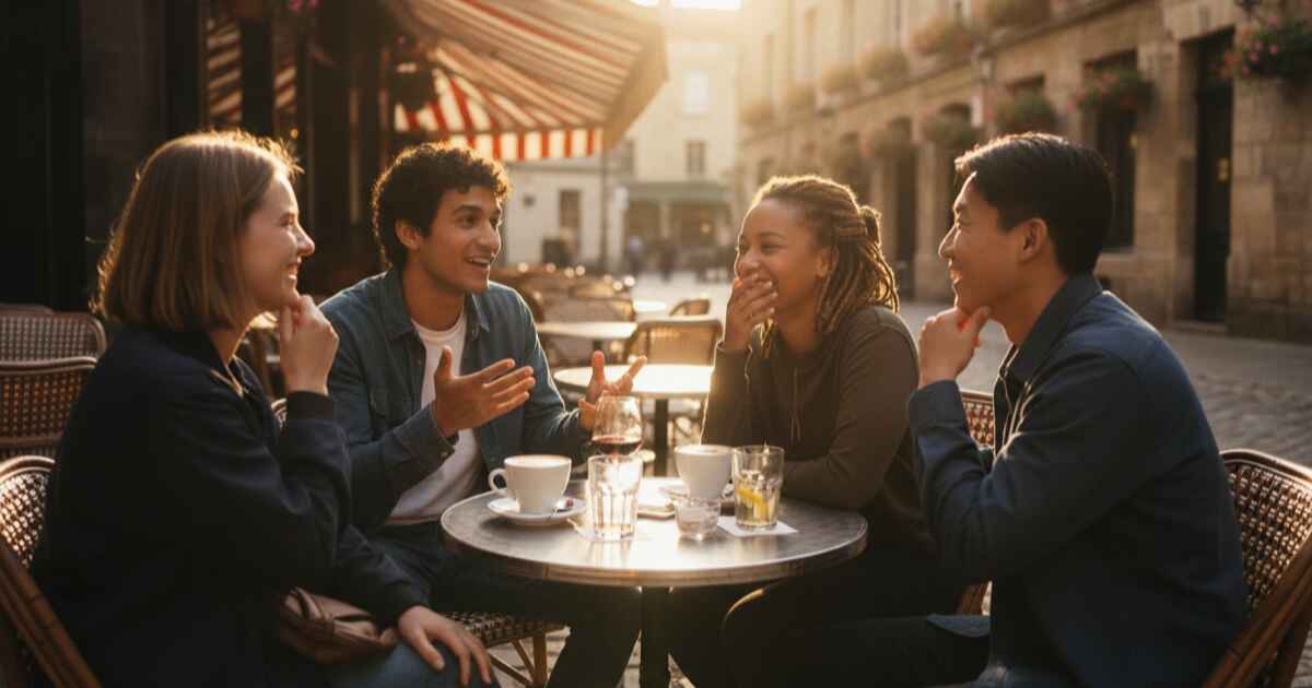 Grupo de aprendizes de idiomas diversos conversando juntos em uma varanda de café externa