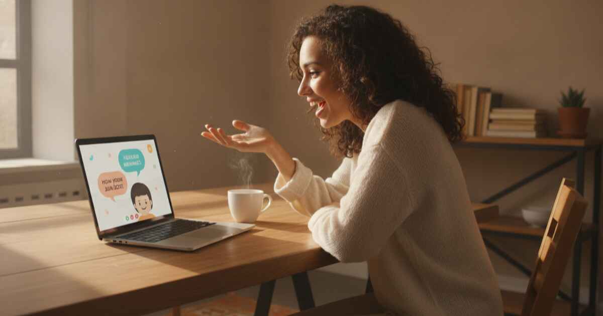 Jovem profissional praticando conversação em espanhol com um tutor de IA no laptop