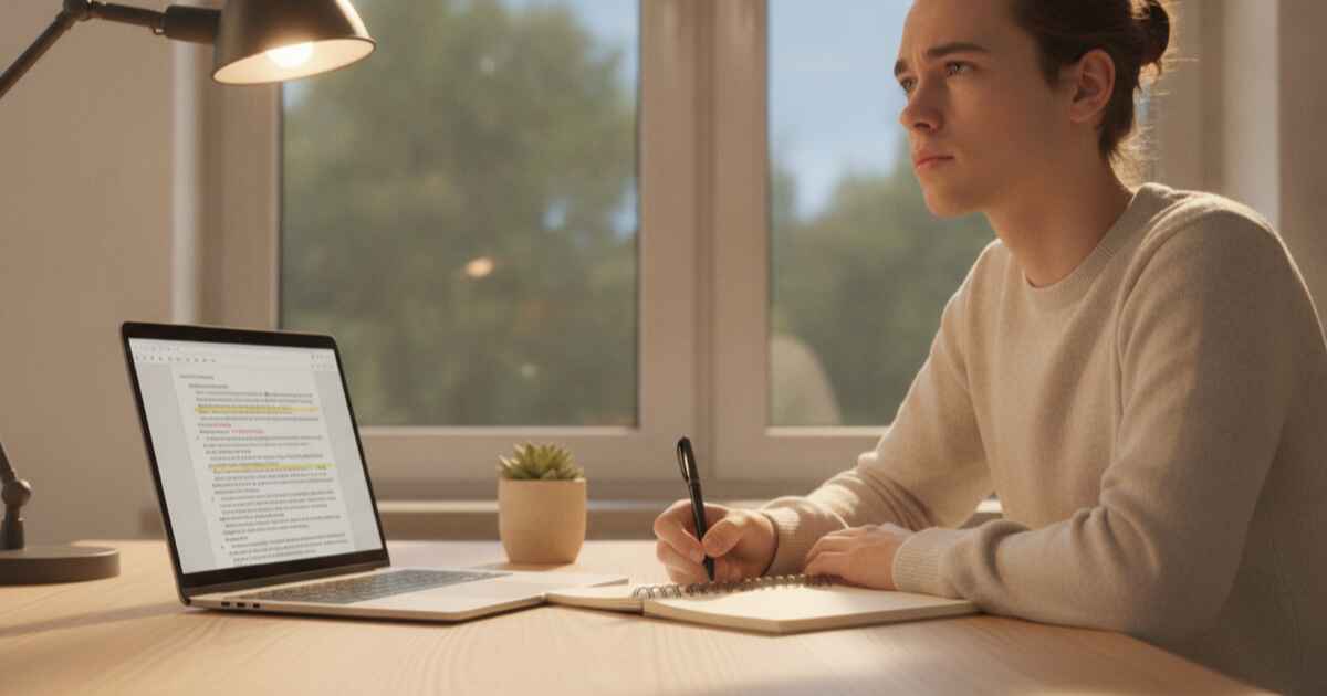 Estudante escrevendo em um caderno com assistente de escrita com IA visível na tela do laptop