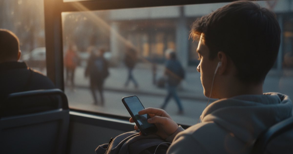 Young man taking a free English level test online on his phone during a bus ride