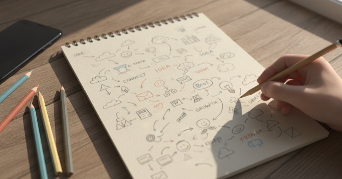 英単語をイメージで覚えるための落書きとメモが並んだノート