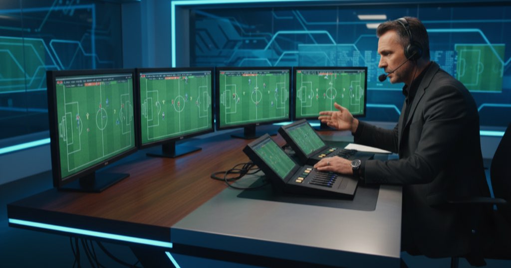 Futbol spikeri stüdyoda maç analizi yapıyor