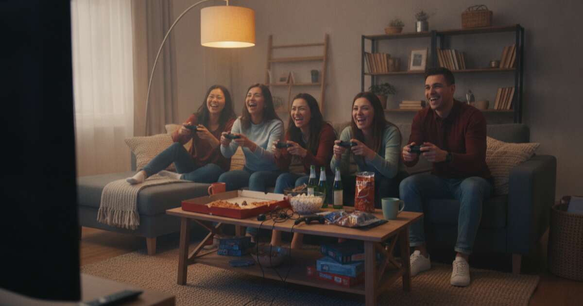 Amigos jogando videogames juntos no sofa com controles