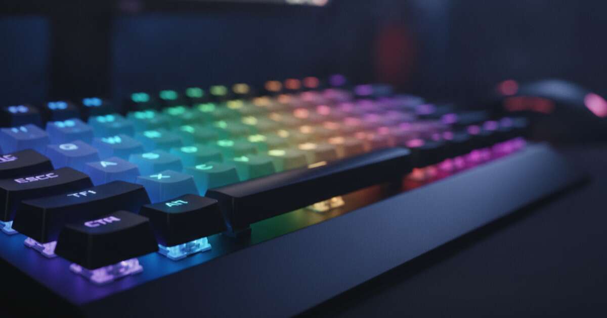 Teclado mecânico com iluminação RGB colorida em um quarto de games escuro
