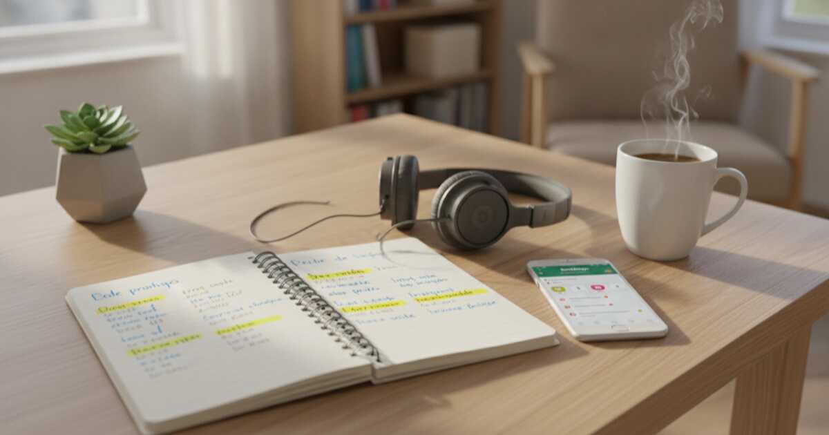 Estudante preparando seu espaço de estudos com caderno e fones de ouvido