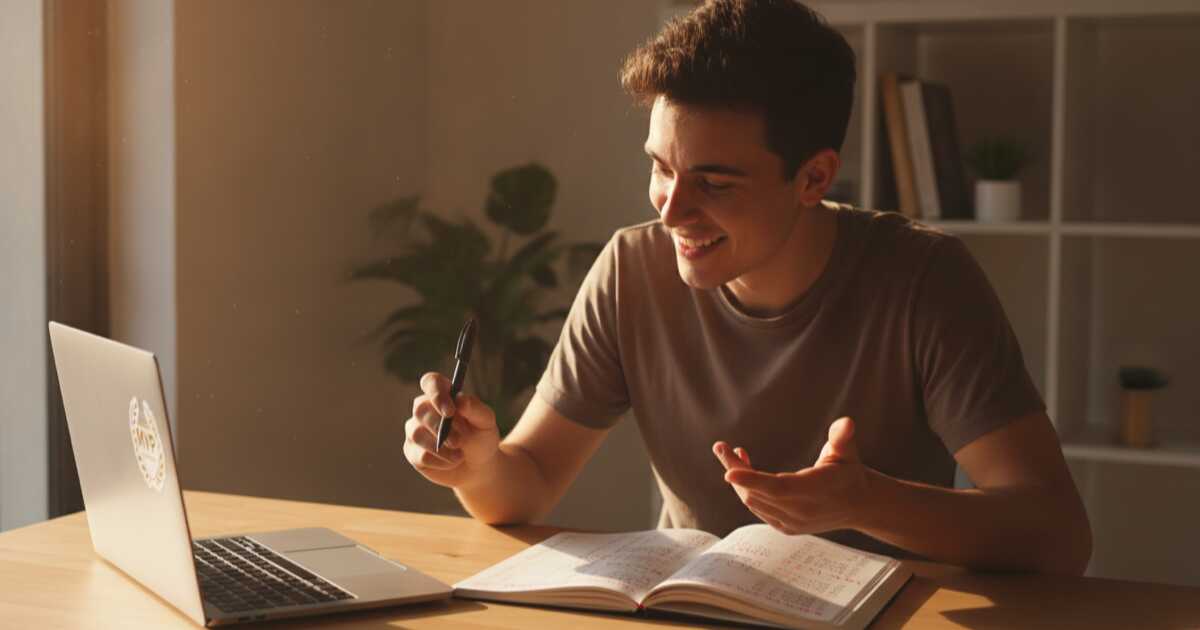 Estudante celebrando seu progresso no aprendizado de inglês