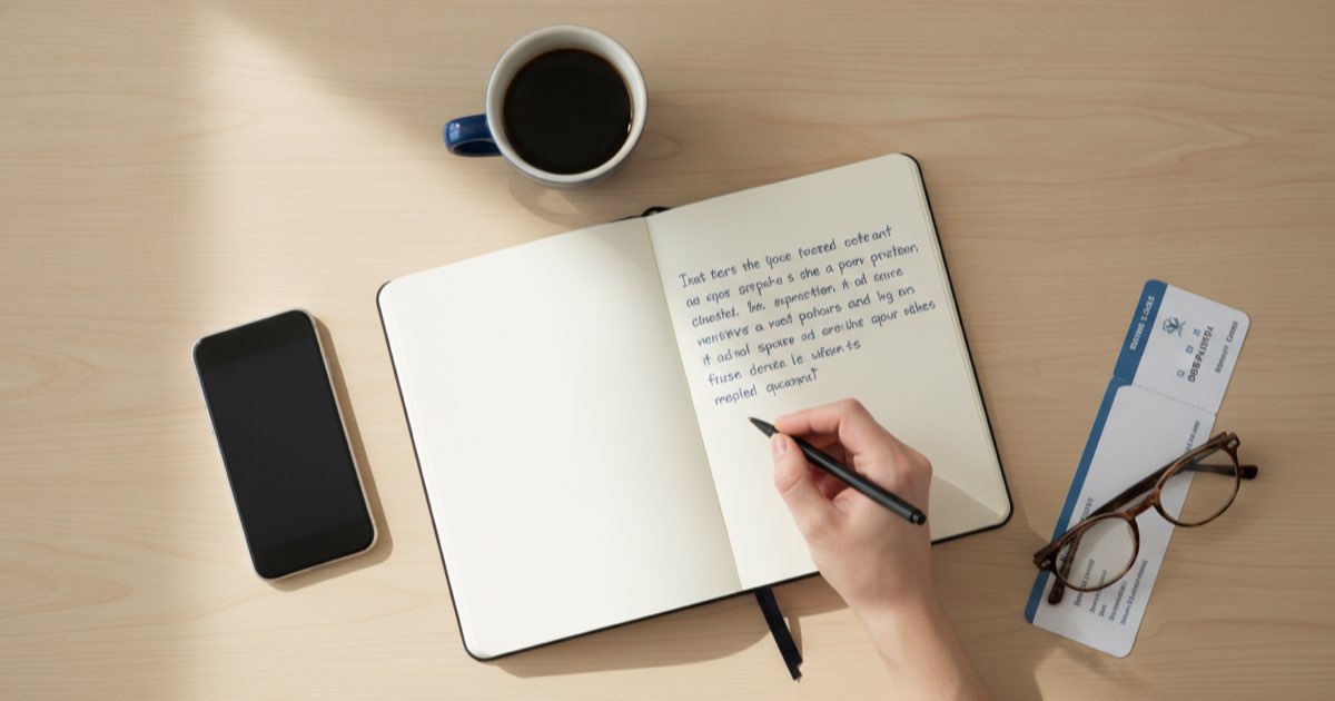 Hand writing new vocabulary words in a notebook next to a phone in airplane mode