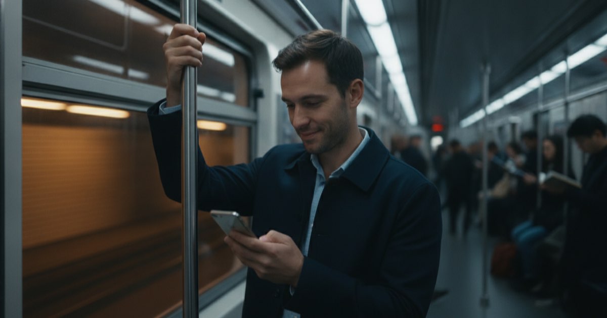 Person studying vocabulary on a phone during a subway commute