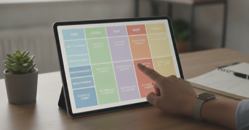 Comparison chart of English modal verbs on a tablet screen