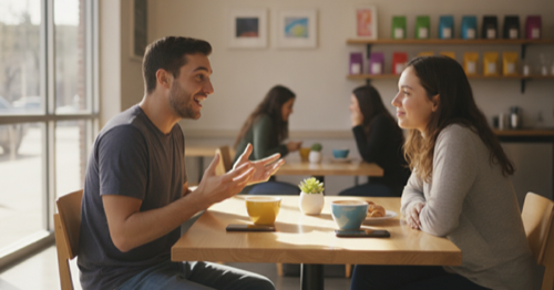 Two friends having a conversation in Spanish at a coffee shop