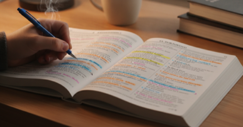 Student learning Spanish subjunctive rules from a textbook