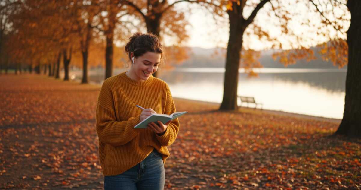 Persona escuchando un podcast en inglés mientras camina por un parque