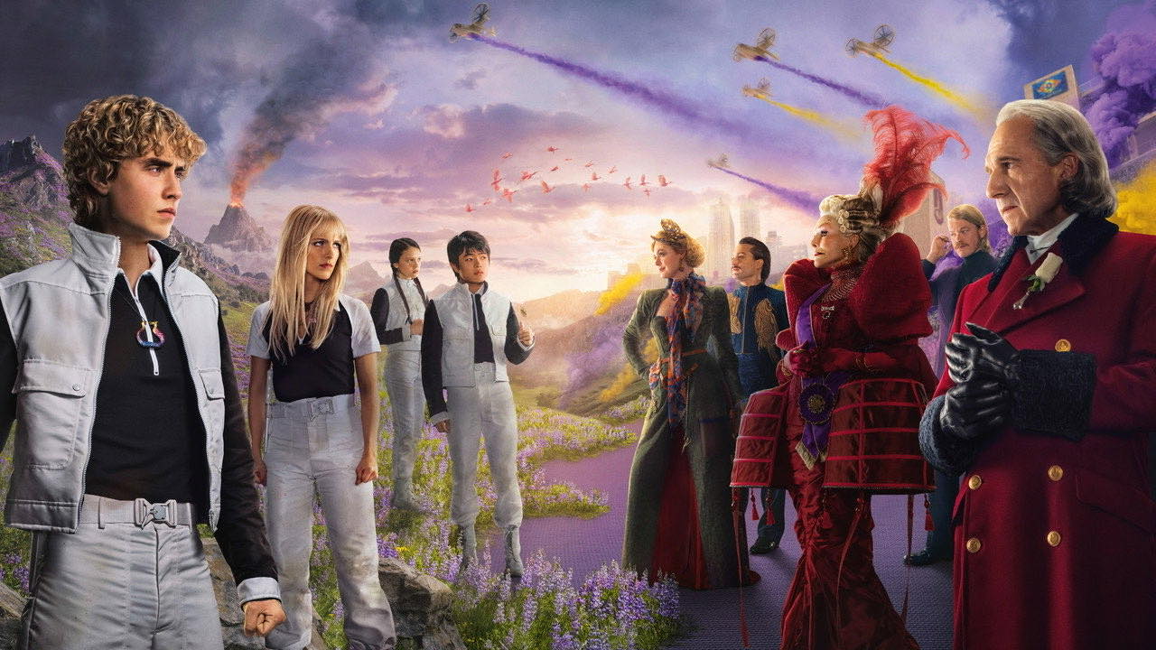 Official promotional image for The Hunger Games: Sunrise on the Reaping, with District 12 tributes on the left and Capitol figures on the right