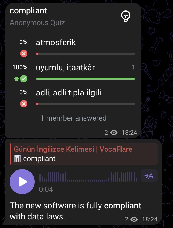 Telegram kanalında İngilizce kelime testi ve kelimenin sesli okunuşu