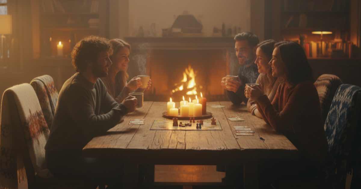 Amigos reunidos alrededor de una mesa iluminada por velas