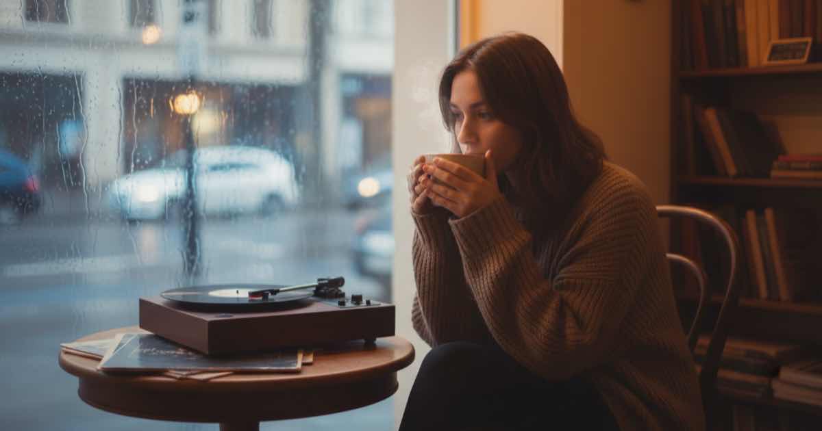 Ventana de café nostálgica con lluvia y café caliente