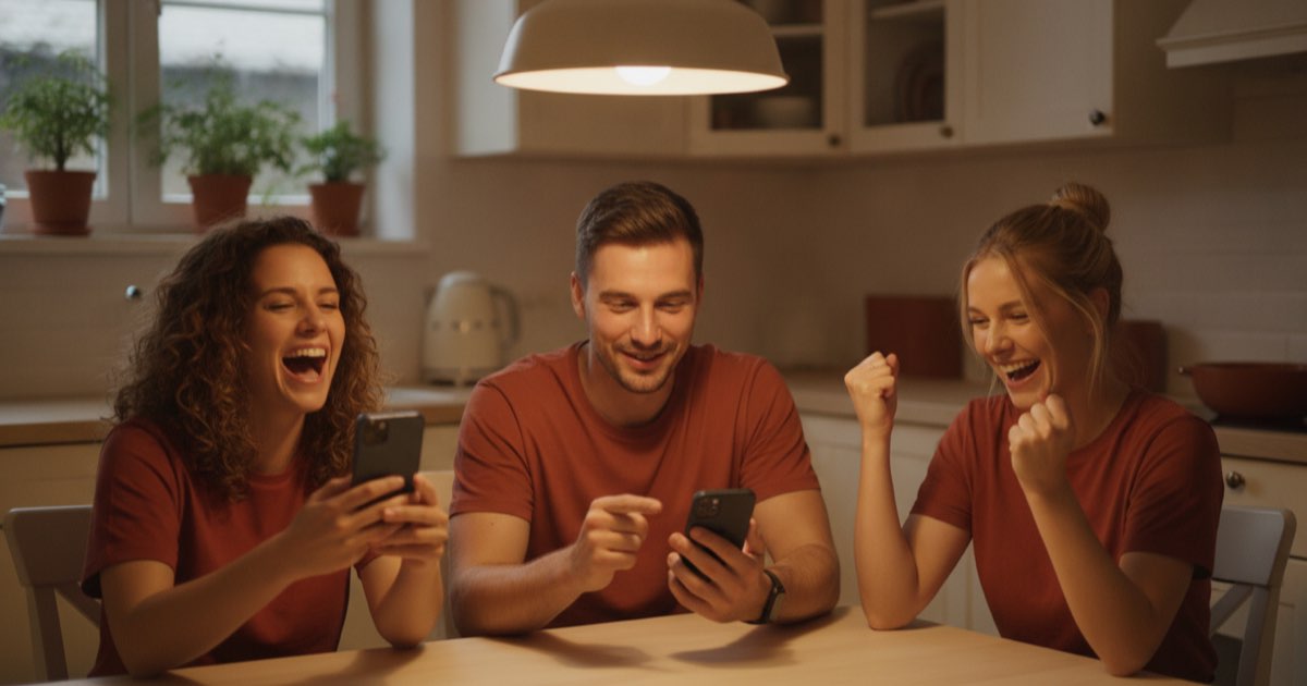 Amigos rindo enquanto disputam um jogo de palavras pelo celular na cozinha