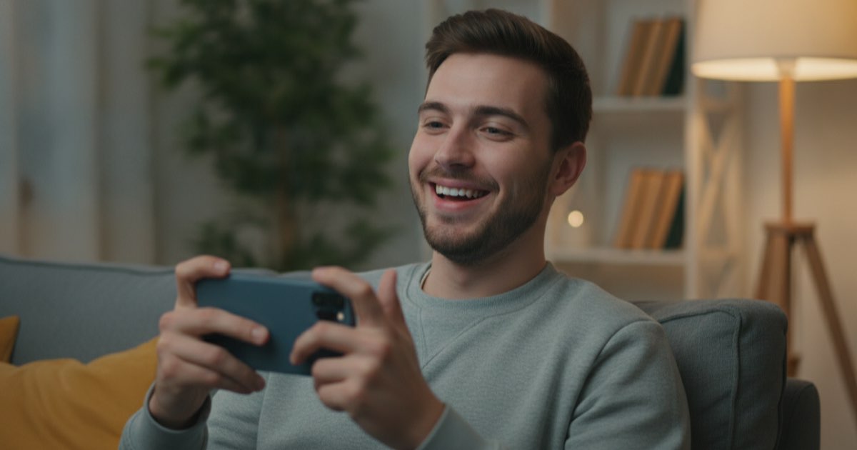 Estudante reagindo a um jogo rápido de vocabulário em inglês no celular