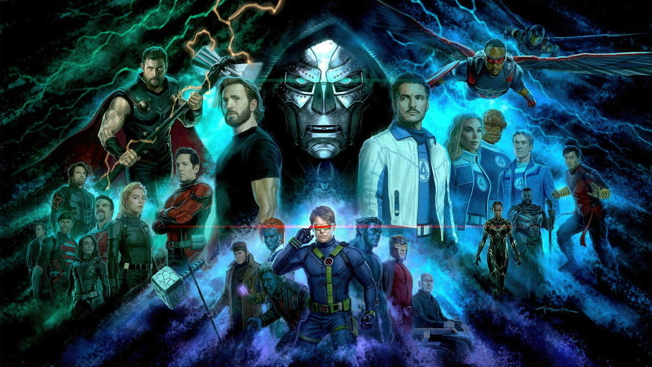 Avengers: Doomsday promotional art with Doctor Doom at the center surrounded by the cast