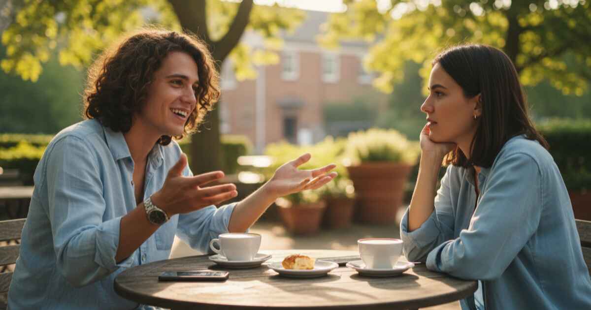 Persona hablando con confianza durante una conversacion casual con un amigo en una mesa de cafe