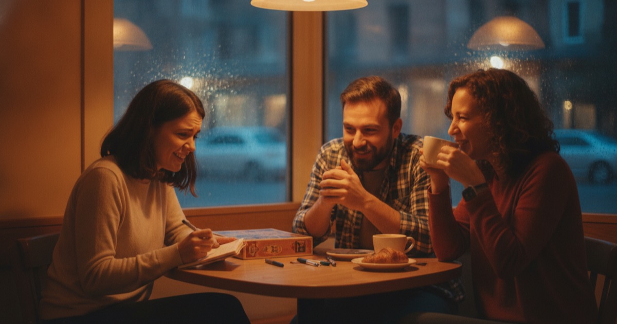 カフェで紙とペンの言葉遊びをする社会人の友だち