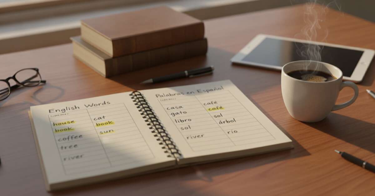 Cuaderno abierto en un escritorio de madera mostrando listas de vocabulario en ingles y espanol lado a lado