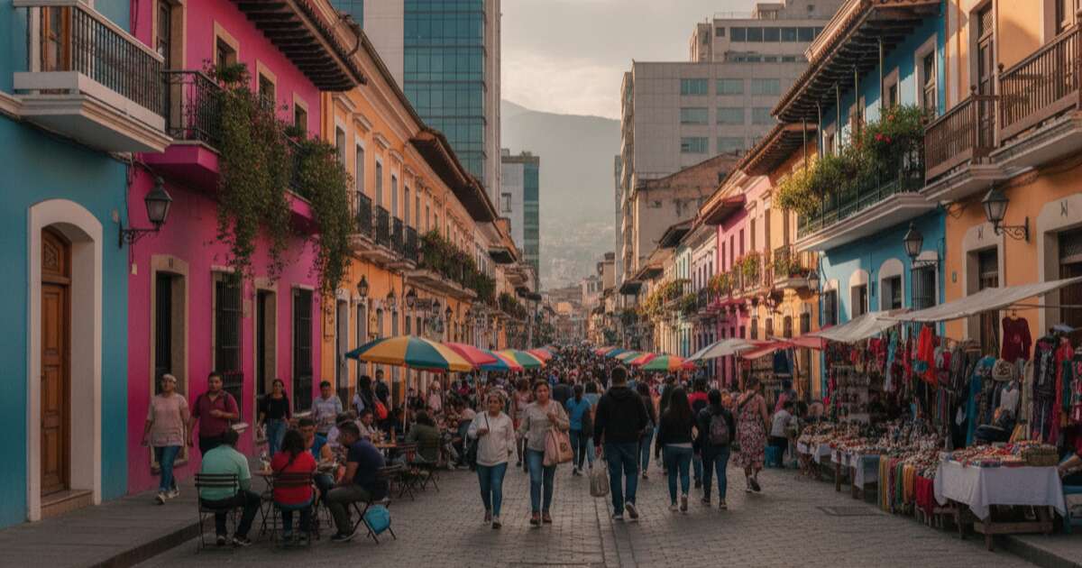 Escena vibrante de una calle latinoamericana con edificios coloniales coloridos y cafes al aire libre
